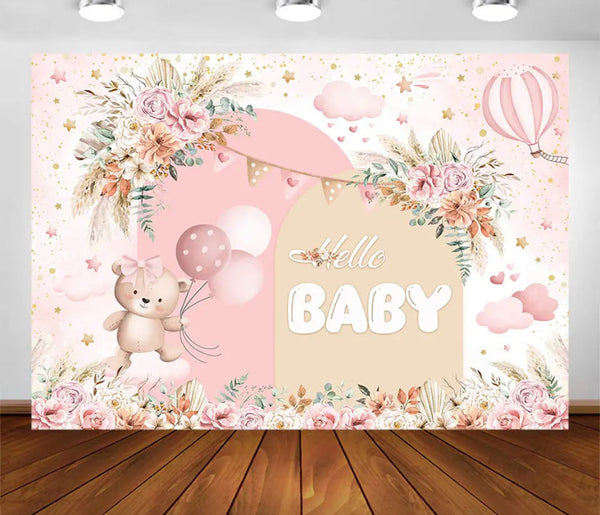 Sweet Teddy Bear in Pink Backdrop (Material: Vinyl or Cotton)