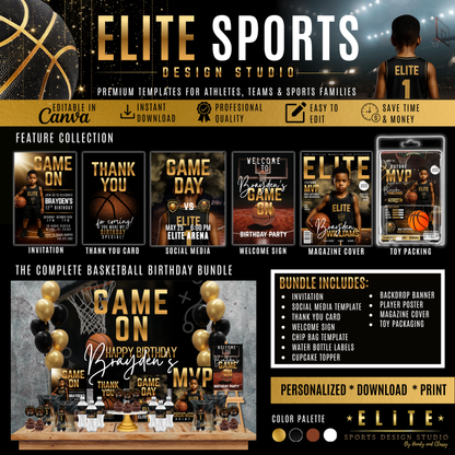 Elite Basketball Birthday Bundle Template | Canva Sports Party Kit