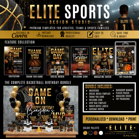 Elite Basketball Birthday Bundle Template | Canva Sports Party Kit