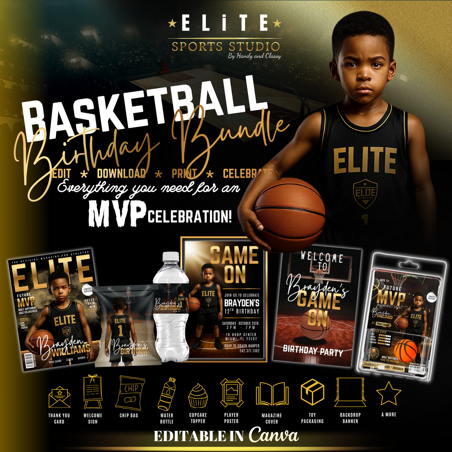 Elite Basketball Birthday Bundle Template | Canva Sports Party Kit