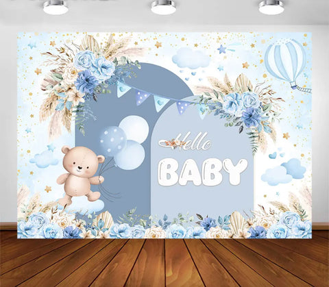 Sweet Teddy Bear in Blue Backdrop (Material: Vinyl or Cotton)