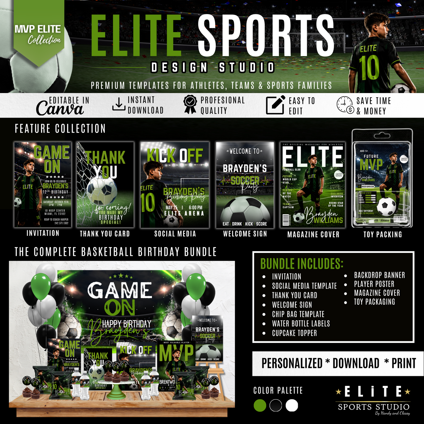 Elite Soccer Birthday Bundle Template | Canva Sports Party Kit