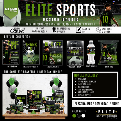 Elite Soccer Birthday Bundle Template | Canva Sports Party Kit