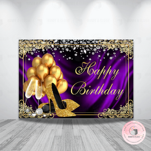 In Heels and Balloons Gold & Purple Backdrop