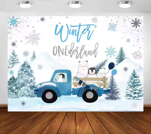 Truck Winter wonderland in the Forest Backdrop (Material: Vinyl or Cotton)