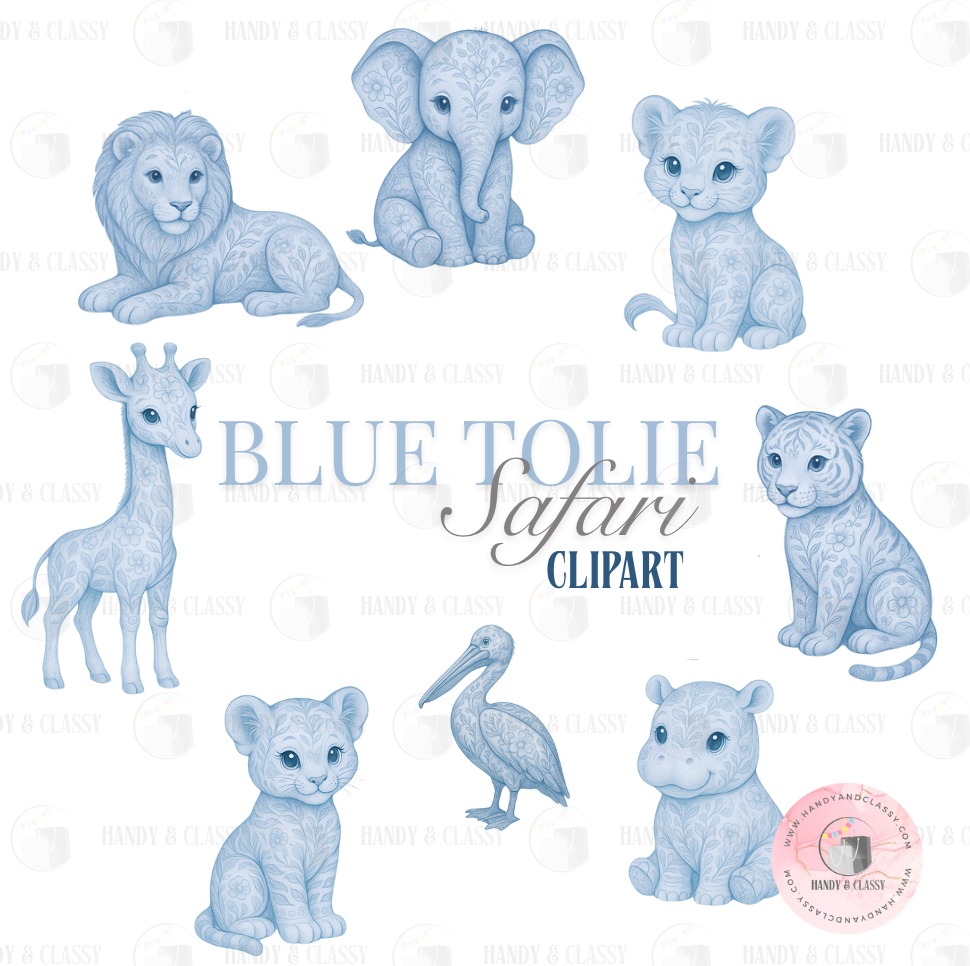 Blue Toile Safari Animal Clipart Bundle (Digital File)