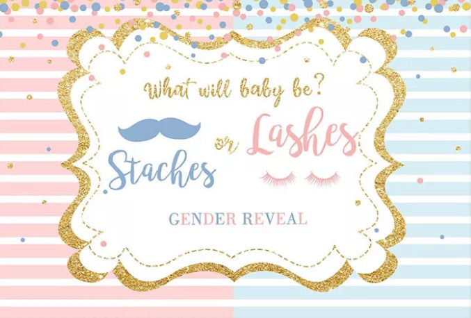 Gender Reveal Staches or Lashes Celebration Backdrop (Material: Vinyl)