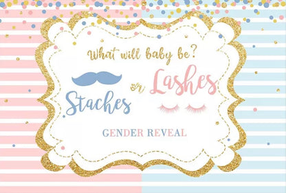 Gender Reveal Staches or Lashes Celebration Backdrop (Material: Vinyl)