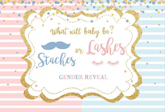 Gender Reveal Staches or Lashes Celebration Backdrop (Material: Vinyl)