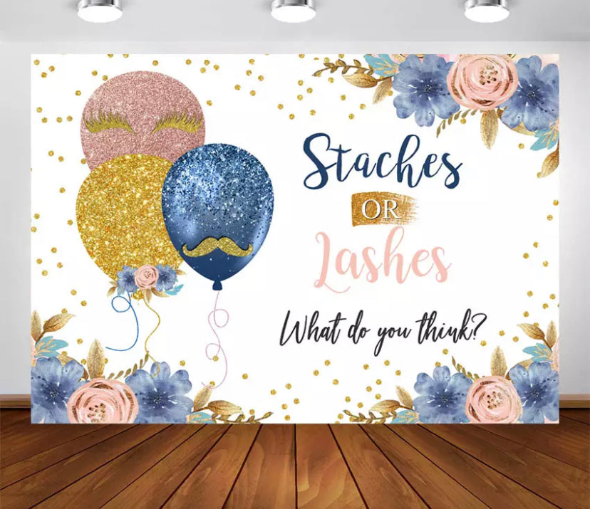 Gender Reveal Staches / Lashes Backdrop (Material: Vinyl)