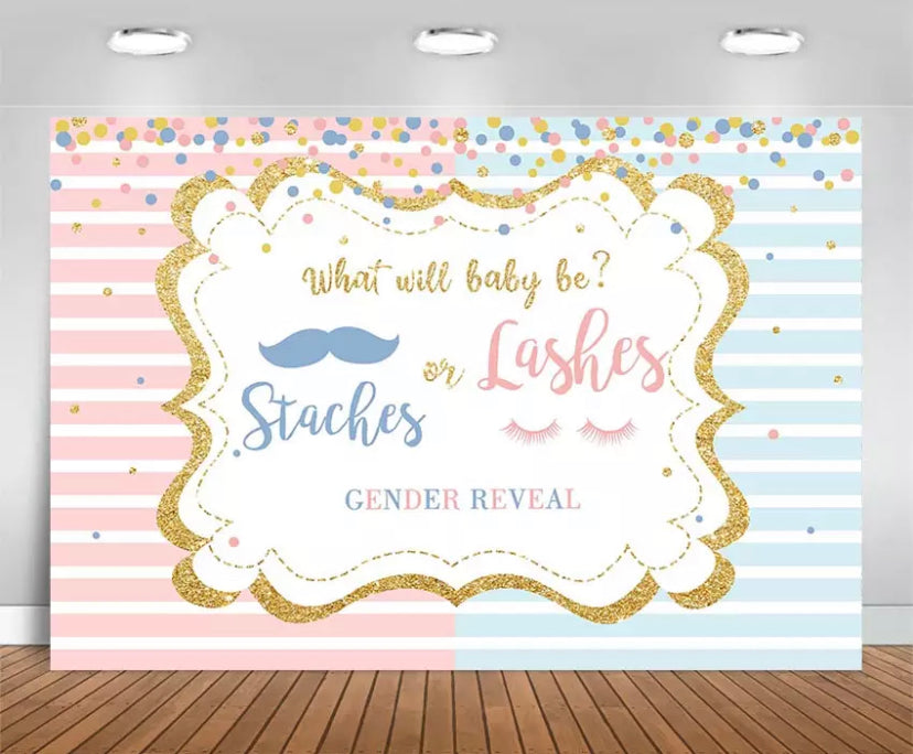 Gender Reveal Staches or Lashes Celebration Backdrop (Material: Vinyl)