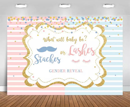 Gender Reveal Staches or Lashes Celebration Backdrop (Material: Vinyl)