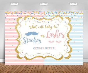 Gender Reveal Staches or Lashes Celebration Backdrop (Material: Vinyl)